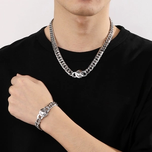 Hip hop style silver CNC iced out 11mm curb chain necklace and bracelet set for men