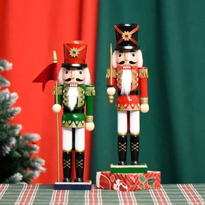 38cm wooden soldier nutcrackers with red flag and sword on festive Christmas background