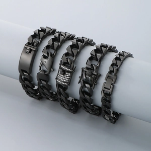 Bracelets gourmette noir hip hop en acier inoxydable pour homme avec divers types de boucles