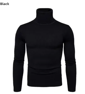 Detail of black men's turtleneck sweater showing ribbed knit cuffs and collar texture