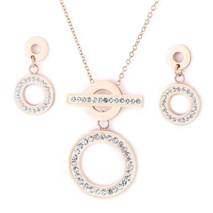 Rose gold stainless steel necklace and earrings set with sparkling crystal accents
