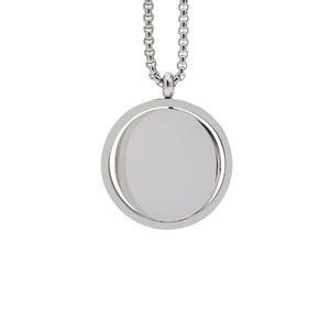 Detailed close-up of a rotating silver stainless steel round pendant on a box chain