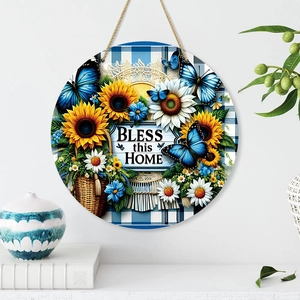 Floral round wooden door sign with Bless this Home text and rustic sunflower decor