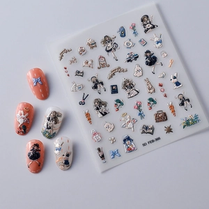 5D embossed nail art stickers FEB-366 featuring cute girls flowers and rabbits