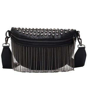 Fashionable black leather chest bag with silver rivets and metal chain tassels on wide strap