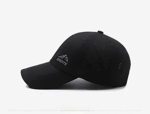 Detail of laser-cut ventilation holes and white SPORTS embroidery on black baseball cap