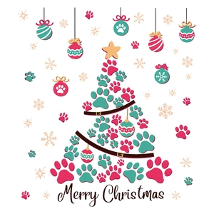 Creative Christmas tree wall sticker made of pink and green paw prints with star topper