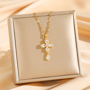 Elegant gold-plated titanium steel necklace with sparkling teardrop zircon cross pendant