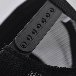 Detail view of the adjustable snapback closure and breathable mesh on a black baseball cap