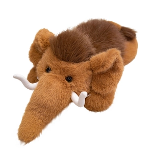 Cute brown mammoth plush toy with curved tusks and soft fur, realistic elephant doll