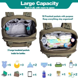 Detail view of the 18 storage pockets and insulated bottle holders in military green diaper bag