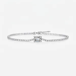 925 Sterling Silver Moissanite Bracelet For Women Emerald Cut Sparkly D Color Moissanite Adjustable Chain Fine Jewelry Gift