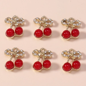 Golden cherry bow pendants with red beads and sparkling rhinestones for jewelry making