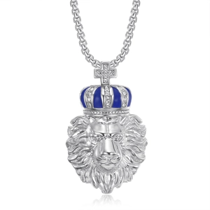 Hip-hop silver lion head pendant with blue crown and white zircon inlay for men