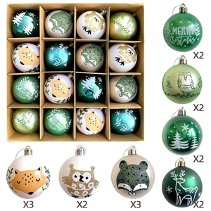 Detail of 16pcs Christmas ball set with glitter patterns and cartoon animal motifs