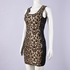 Detailed view of leopard print sequin bodycon dress with lace stitching on a mannequin