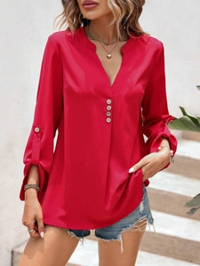 Elegante blusa roja con cuello en V para mujer, manga larga y botones en los puños