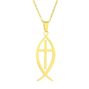 Golden Ichthys fish pendant necklace with hollow cross design on white background