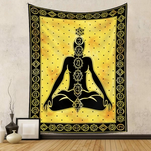 Bohemian yoga chakra tapestry with yellow background and meditation silhouette wall hanging