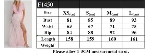 Detailed size chart for pink ruffled lace mesh dress with measurements in centimeters