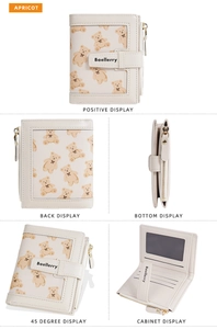 Detailed multi-angle views of apricot faux leather wallet with cute bear print and zipper