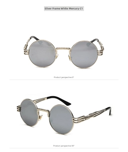 Steampunk round sunglasses with silver alloy frame and vintage engraved temple details