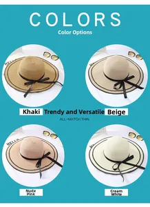 Straw sun hats in four colors with black ribbon bows and large brims for beach sun protection