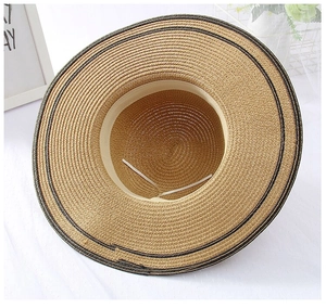 Detail of wide brim straw hat showing inner adjustable drawstring and sweatband