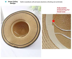 Detail of adjustable sweatband and drawstring lining on beige straw sun hat