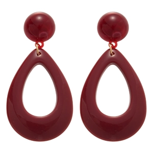 Retro resin burgundy teardrop hollow earrings with silver needles on white background