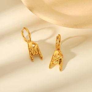 Chic gold gesture hand pendant hoop earrings in stainless steel with punk rock style