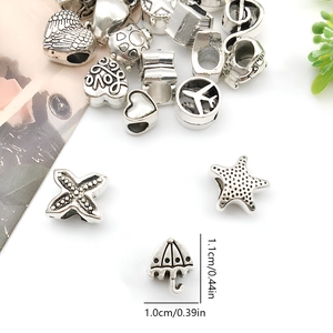 Silver alloy large hole beads and charms assortment with size details on white background