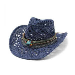 Navy blue woven western cowboy hat with ethnic beads, turquoise stone and tassels