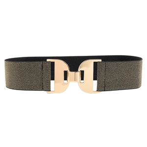 Elastic waist belt with black and gold metallic texture and interlocking buckle