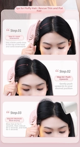 Three-step styling guide for using the pink vented hairbrush to create high-volume hair