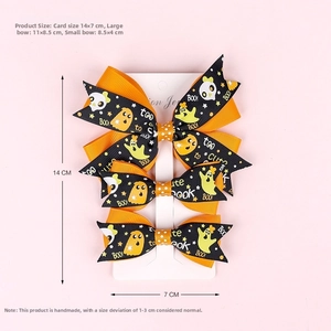 Size chart showing large and small Halloween bow hair clips with orange pumpkin patterns