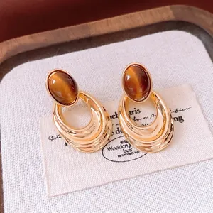 Vintage 18K gold plated earrings with oval tiger eye stones and layered hoops