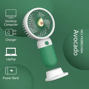 Mini ventilatore portatile verde avocado con base bianca rimovibile e motivo a frutto