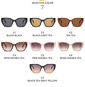 Matrix display of stylish polygon sunglasses in seven unique colors on a white background