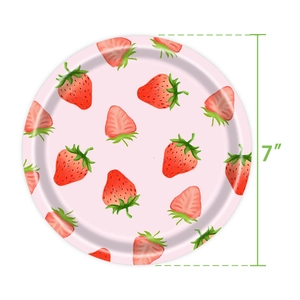 Detailed view of 7 inch pink disposable paper plate with cute red strawberry print