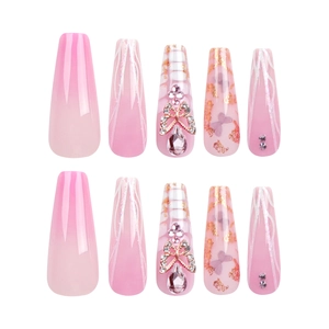 Pink gradient long coffin press-on nails with 3D bows and rhinestone waterdrop gems