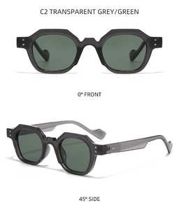 Front and 45-degree side view of transparent grey polygon sunglasses with green lenses