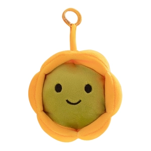 Porte-clés peluche tournesol mignon avec pétales jaunes et visage vert souriant