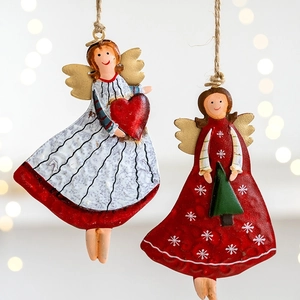 Vintage iron Christmas angel ornaments with gold wings and heart on rustic twine hangers