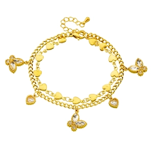 Double-layer gold stainless steel bracelet with butterfly and heart crystal charms