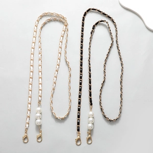 Crossbody Bag Strap Chain PU Leather Woven Metal With Artificial Pearl Decoration Shoulder Lanyard For Phone Case Replacement Accessory