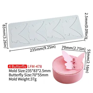 Detail view of 4-cavity butterfly lace silicone mold with precise size measurements