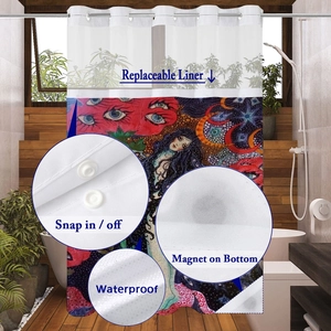 Detail of waterproof shower curtain with snap-in liner and bottom magnets weight