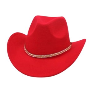 Detail of red cowboy felt hat with sparkling sequined trim band and stiff curved brim