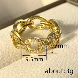 Gold chain ring with micro-pave cubic zirconia links in a hollow geometric design